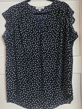 Chaus Navy Polka Dot Ruffle Sleeve Blouse